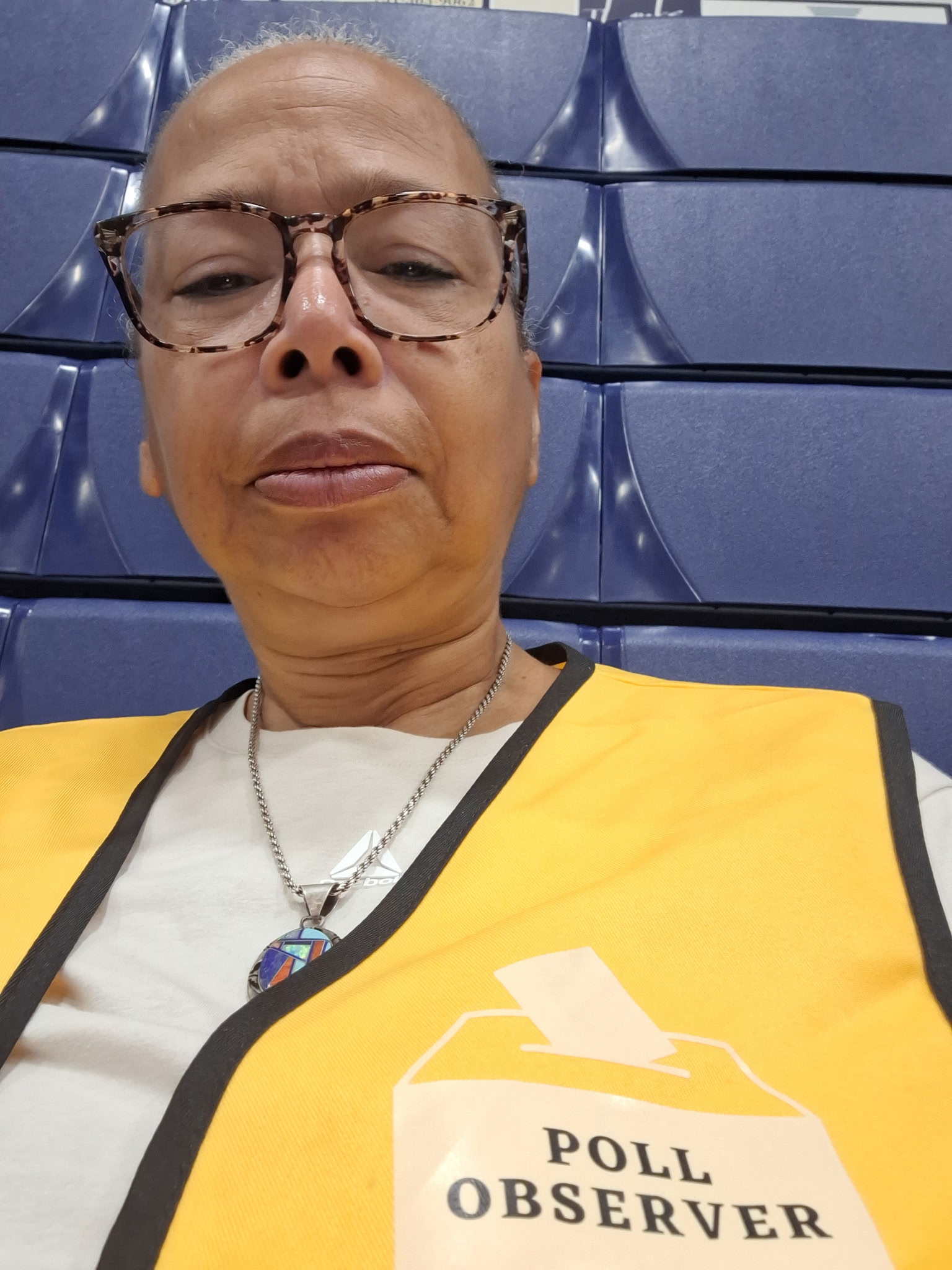 A poll observer wearing a volunteer vest during a field shift